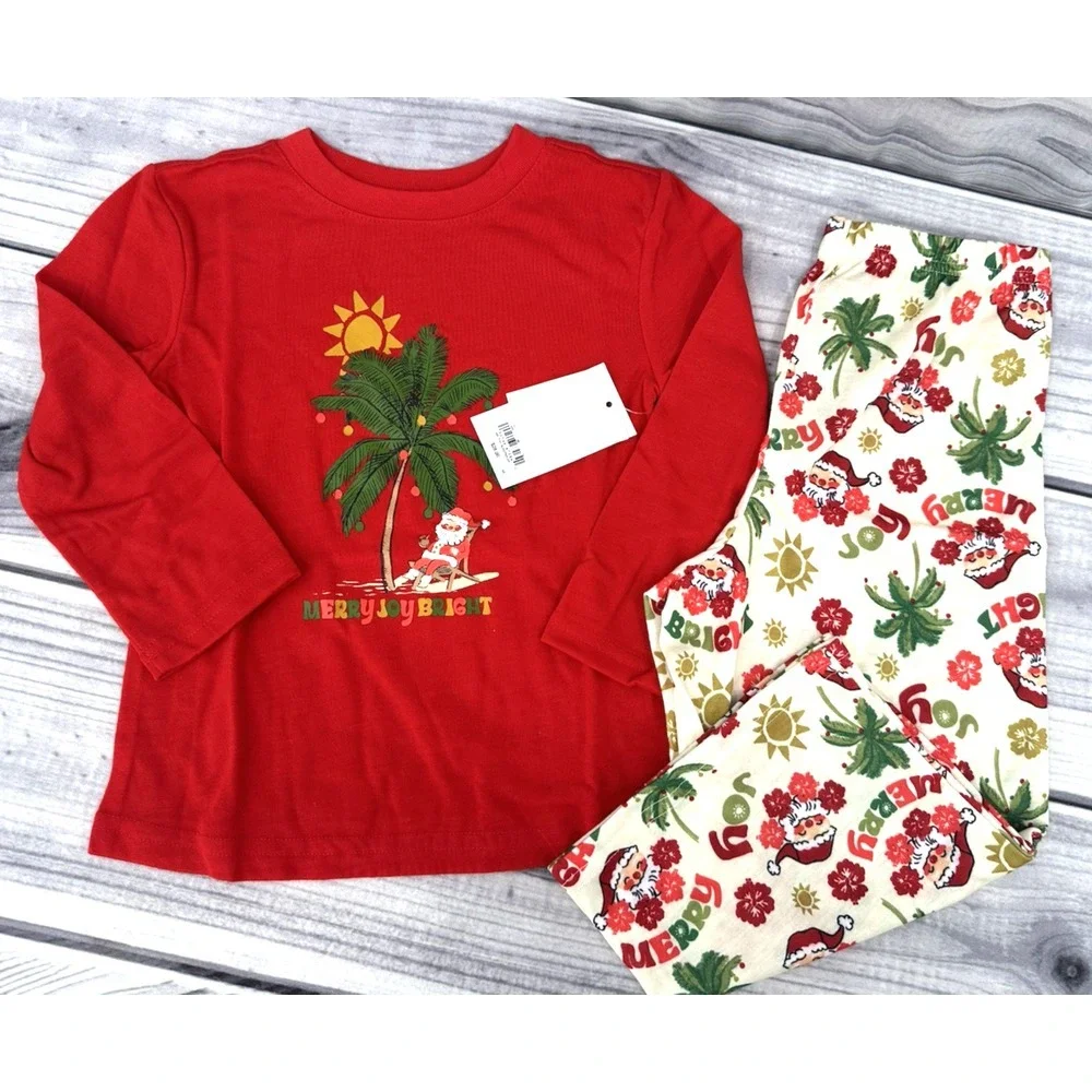 SANTA 0N HOLIDAY TROPICAL CHRISTMAS PAJAMAS SET Toddler Size 2T RED CREAM  NEW!!